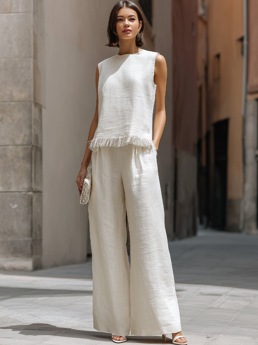 Léon Varel Sleeveless Textured Top And Wide-Leg Pants Set With Frayed Hem Detail