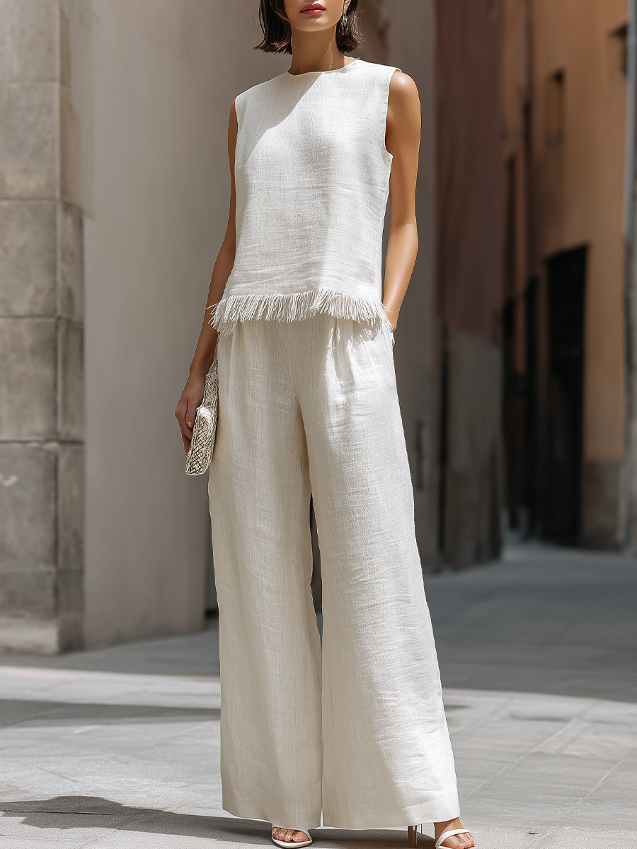 Léon Varel Sleeveless Textured Top And Wide-Leg Pants Set With Frayed Hem Detail