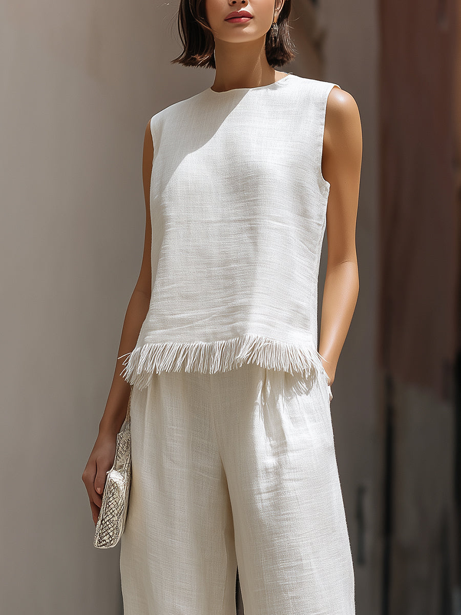 Léon Varel Sleeveless Textured Top And Wide-Leg Pants Set With Frayed Hem Detail