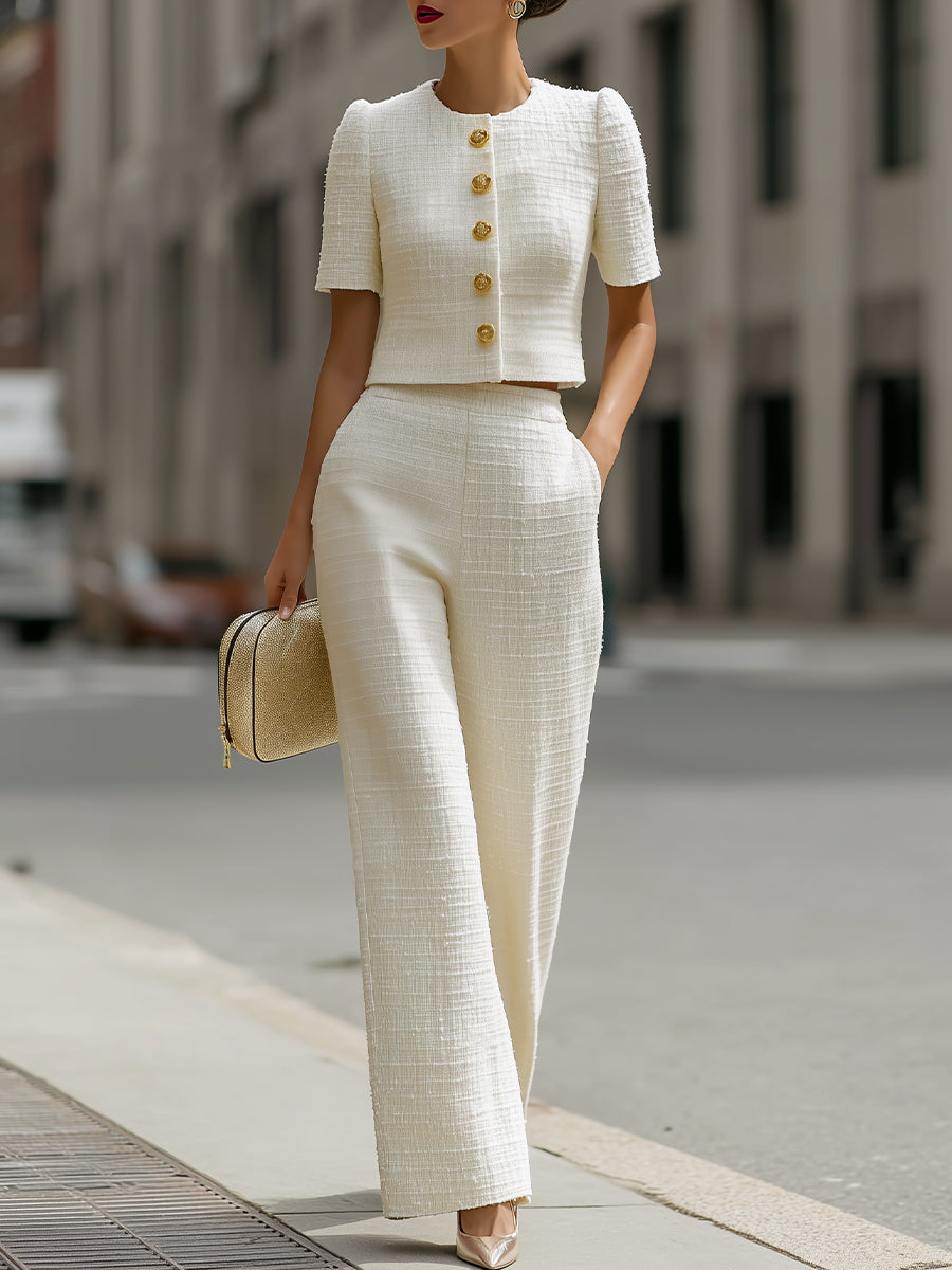 Léon Varel Tweed Cropped Short-Sleeve Jacket & High-Waisted Wide-Leg Pants Two-Piece Set