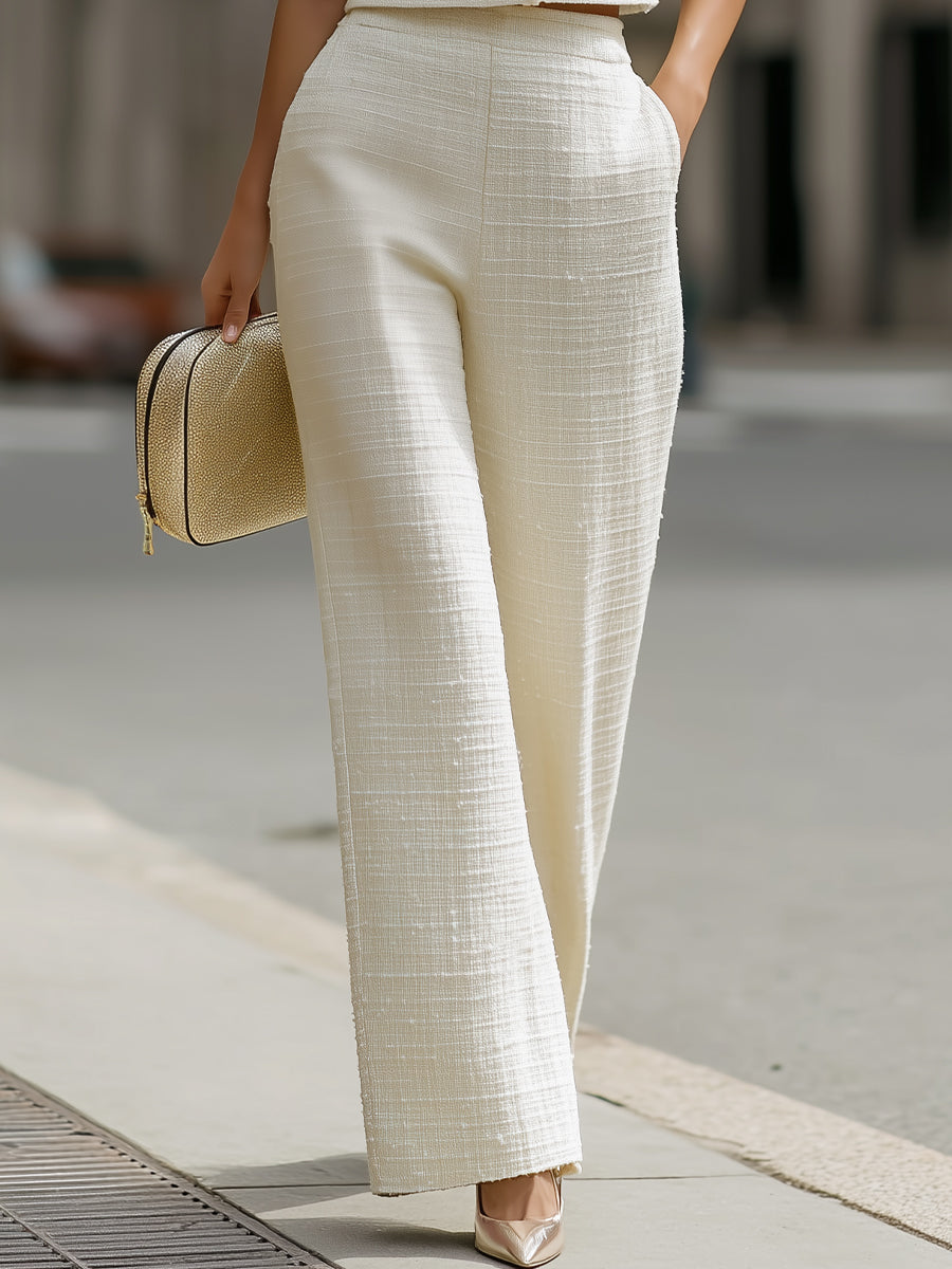 Léon Varel Tweed Cropped Short-Sleeve Jacket & High-Waisted Wide-Leg Pants Two-Piece Set