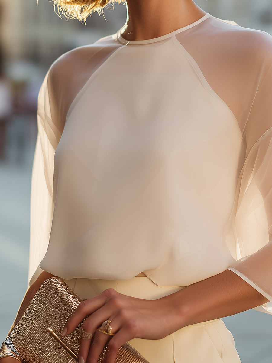 Léon Varel Sheer Panel Round Neck Loose Fit Blouse