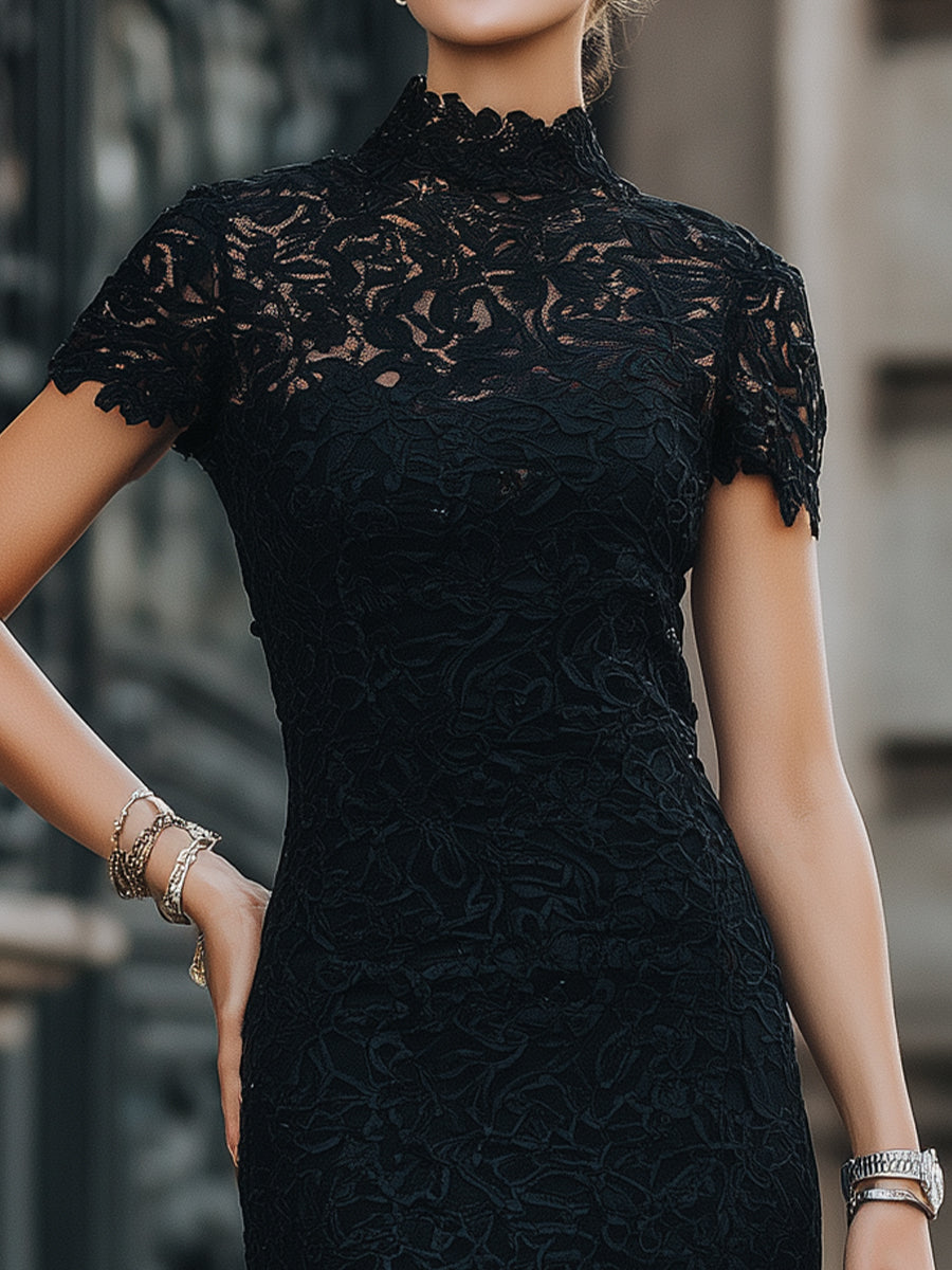 Léon Varel Elegant Floral Lace High-Neck Mini Dress