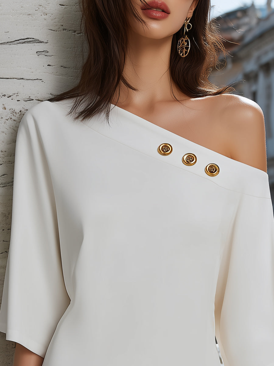 Léon Varel Asymmetrical Relaxed One-Shoulder Button Detail Mini Dress