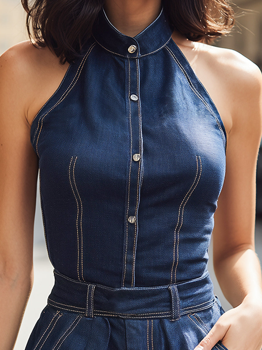 Léon Varel Denim Halter Neck Button-Front Tailored Romper