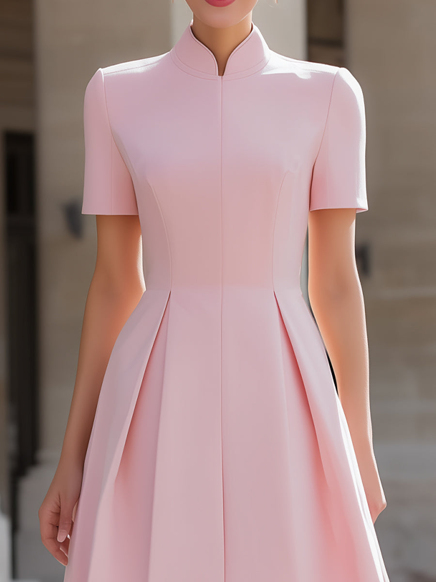 Léon Varel Mandarin Collar Short-Sleeve Fit-and-Flare Mini Dress