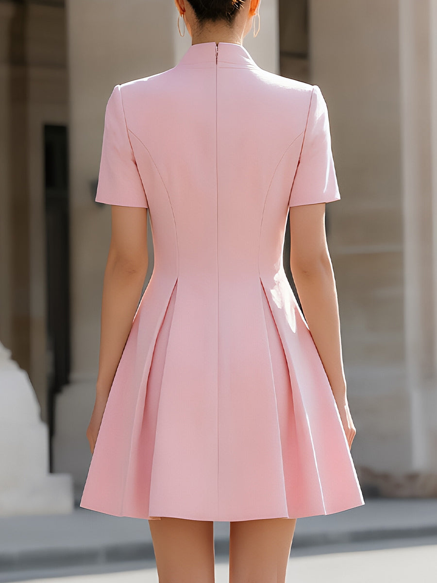 Léon Varel Mandarin Collar Short-Sleeve Fit-and-Flare Mini Dress