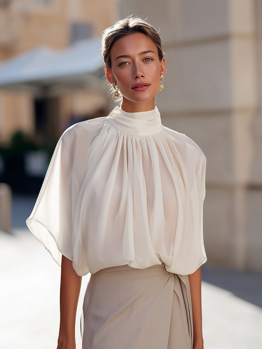 Léon Varel High-Neck Pleated Blouse With Voluminous Flutter Sleeves