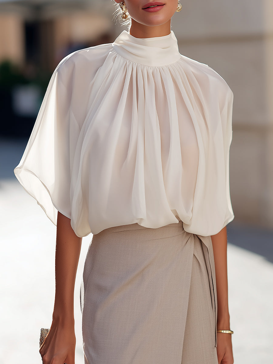 Léon Varel High-Neck Pleated Blouse With Voluminous Flutter Sleeves