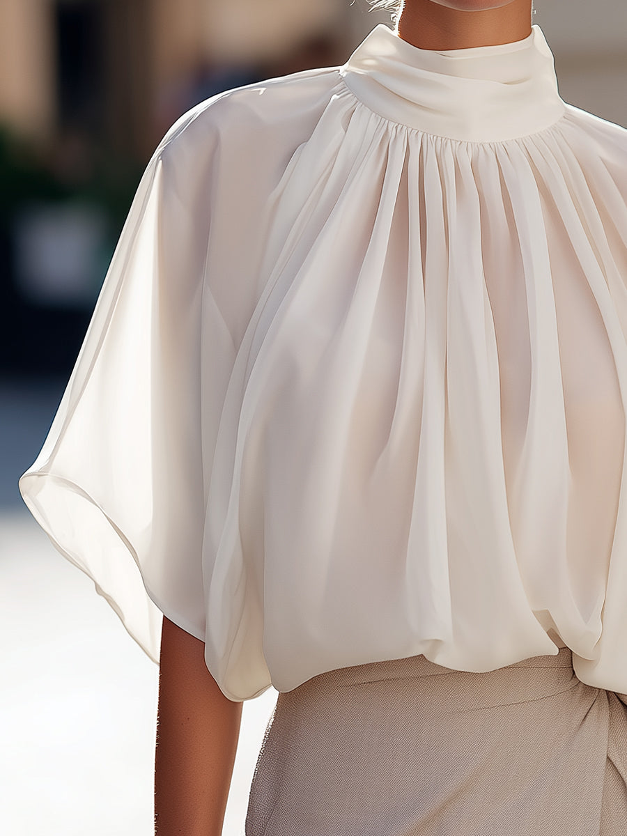 Léon Varel High-Neck Pleated Blouse With Voluminous Flutter Sleeves