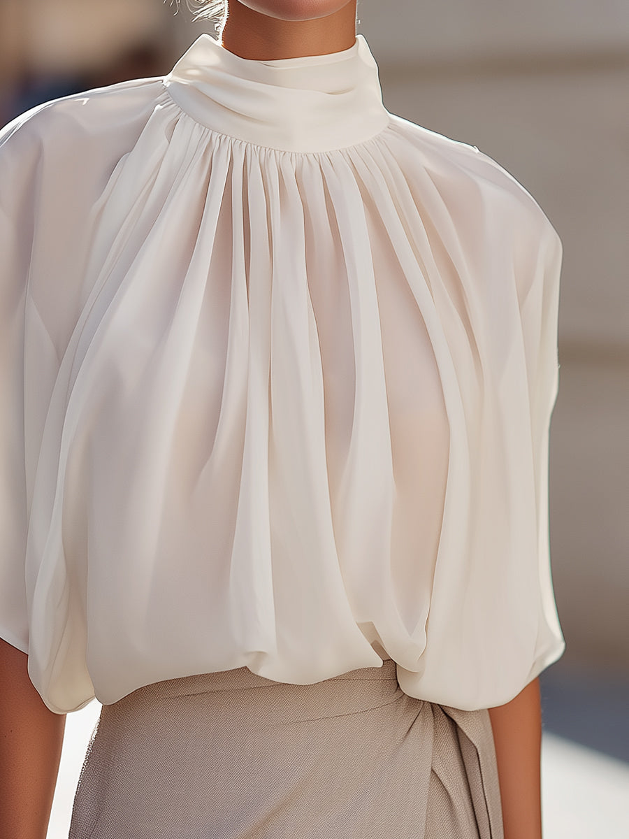Léon Varel High-Neck Pleated Blouse With Voluminous Flutter Sleeves