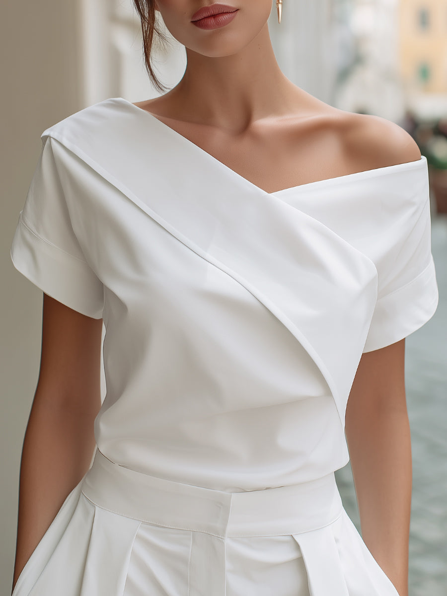 Léon Varel Asymmetrical Off-Shoulder Folded Collar Blouse