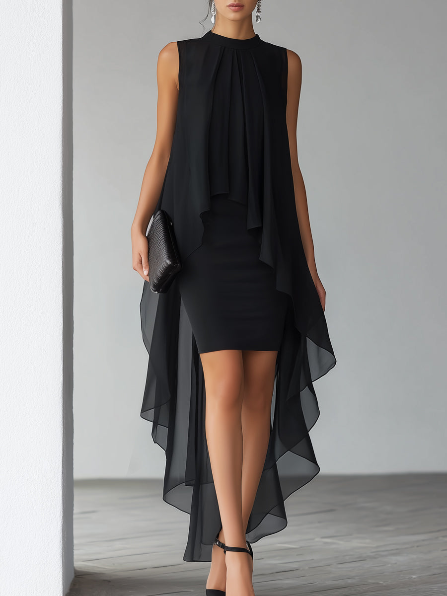Léon Varel Asymmetrical Layered Chiffon Overlay Cocktail Dress