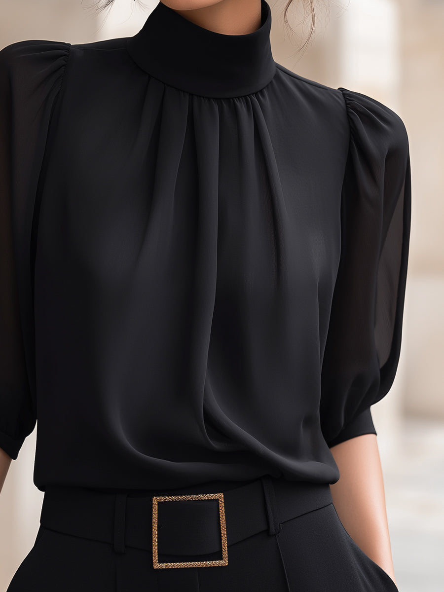 Léon Varel Mock Neck Chiffon Puff Sleeve Blouse