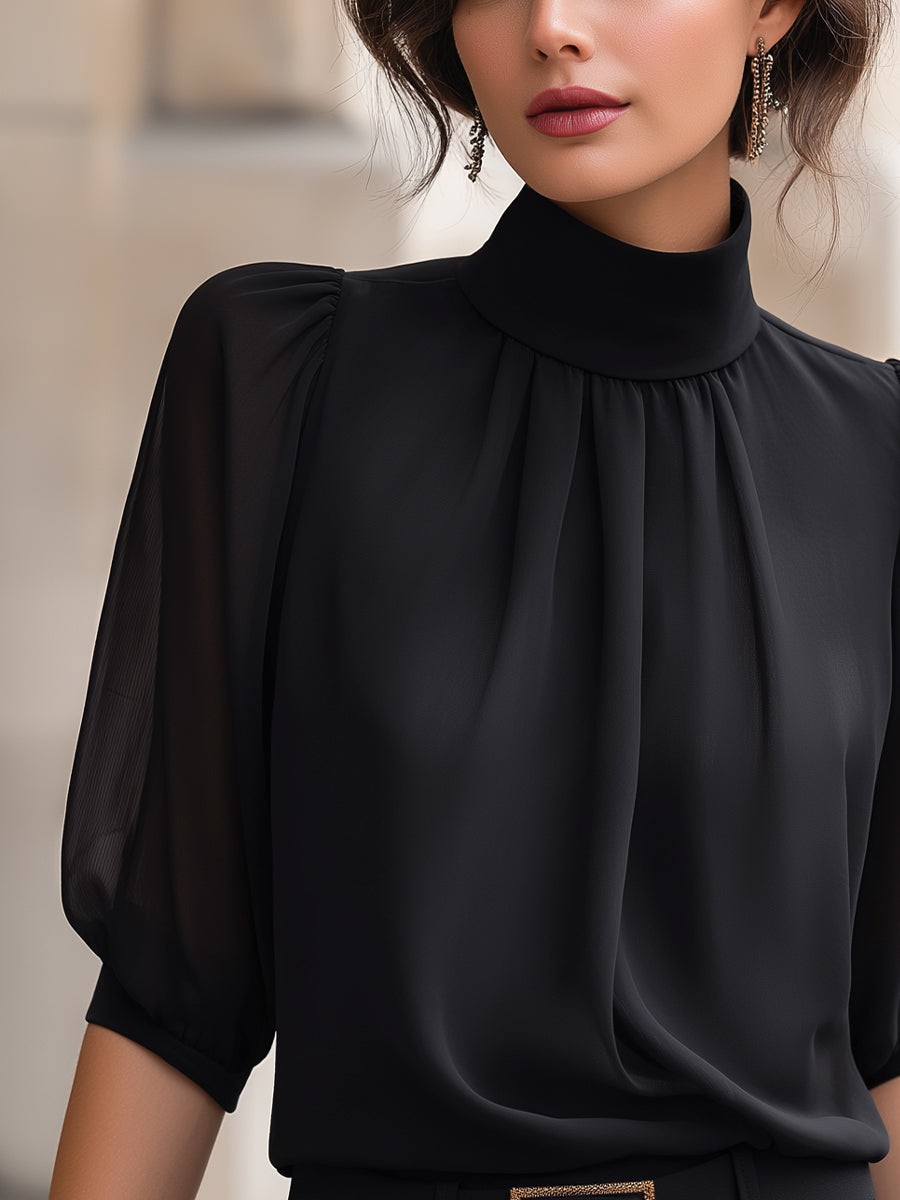 Léon Varel Mock Neck Chiffon Puff Sleeve Blouse