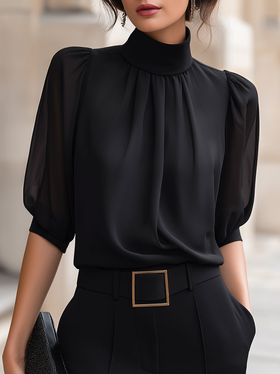 Léon Varel Mock Neck Chiffon Puff Sleeve Blouse