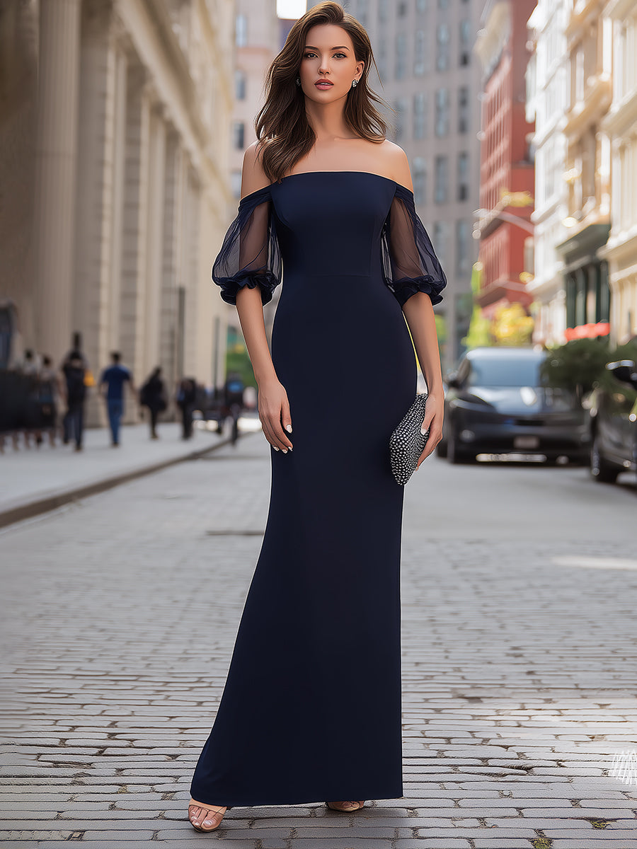 Léon Varel Off-Shoulder Sheer Sleeve Maxi Dress With Sculpted Silhouette