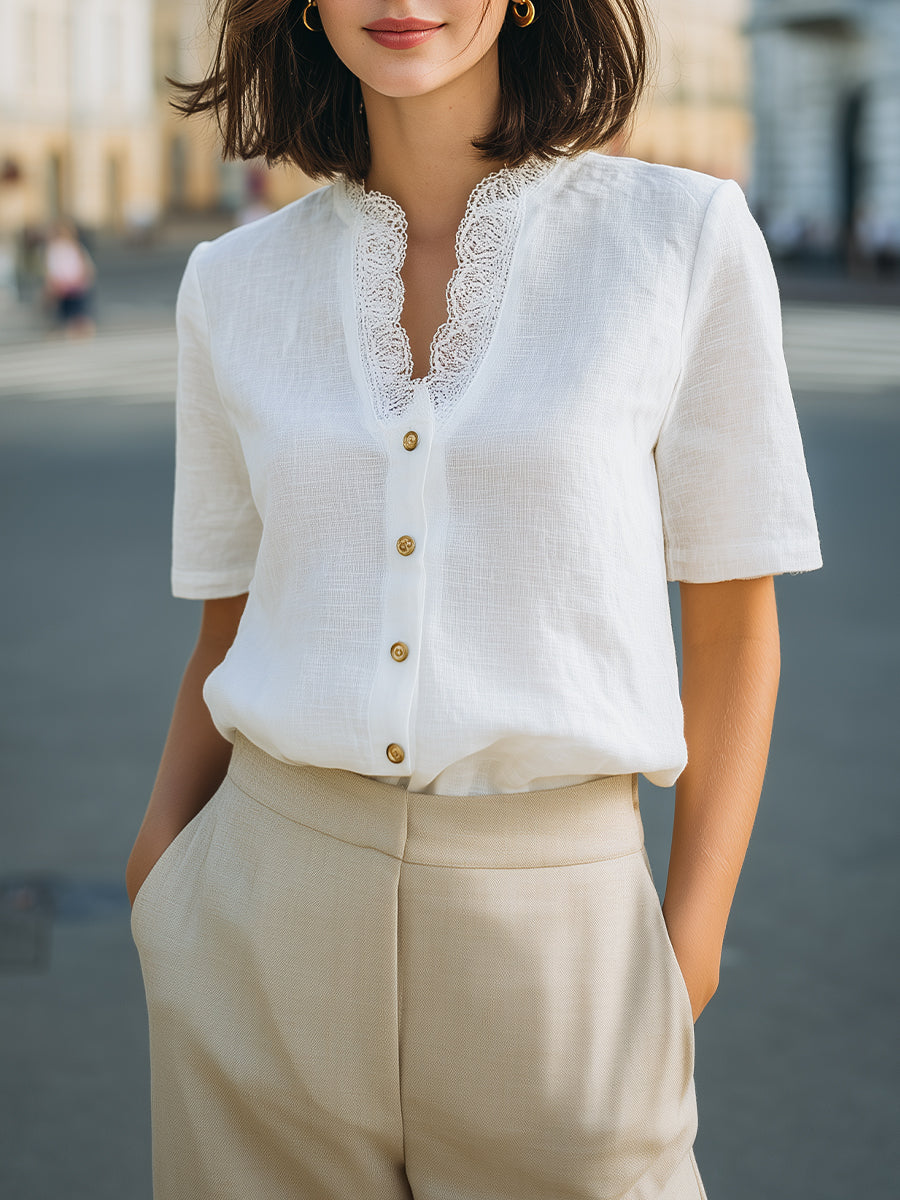 Léon Varel Lace-Trim V-Neck Button-Front Short Sleeve Blouse