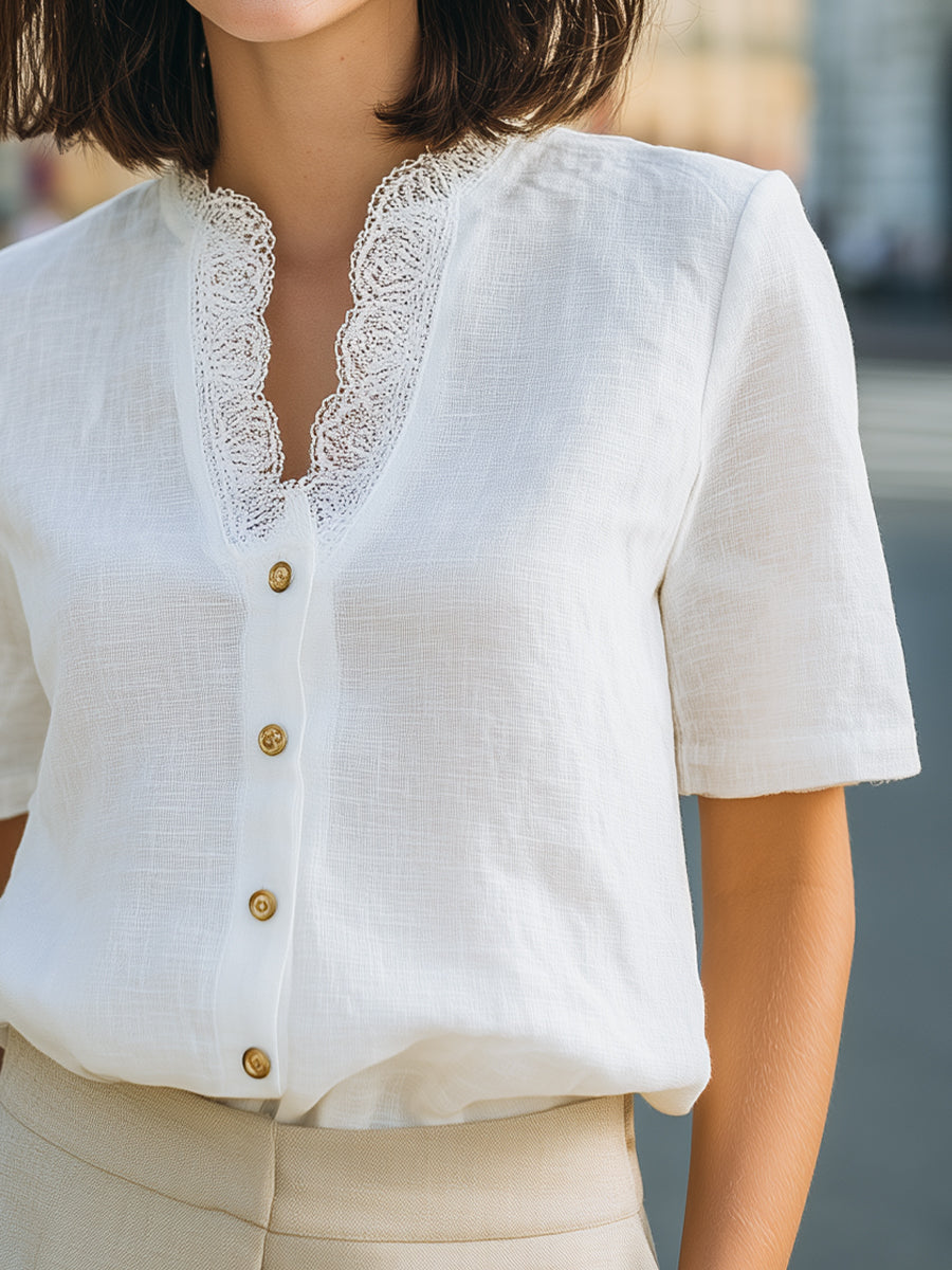 Léon Varel Lace-Trim V-Neck Button-Front Short Sleeve Blouse