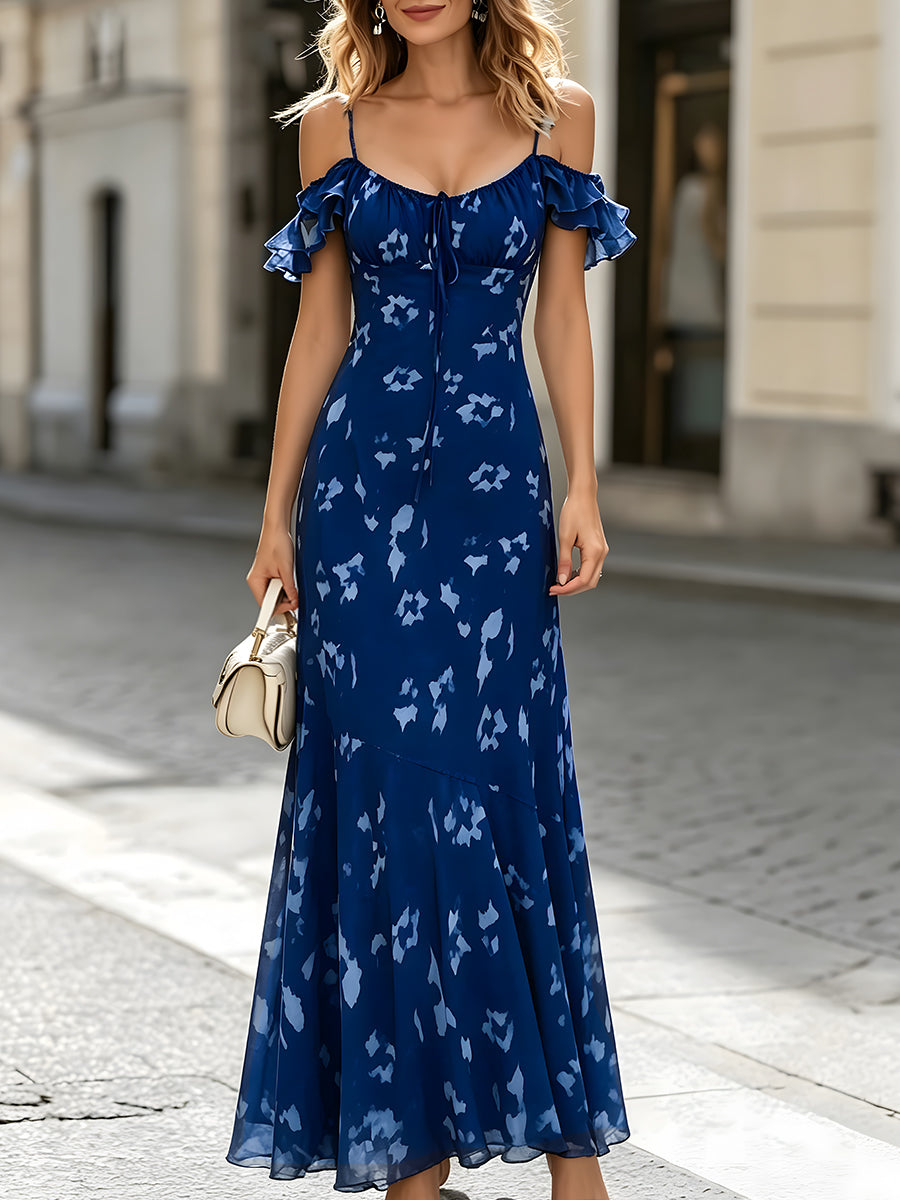 Léon Varel Off-Shoulder Ruffle Sleeve Printed Maxi Dress