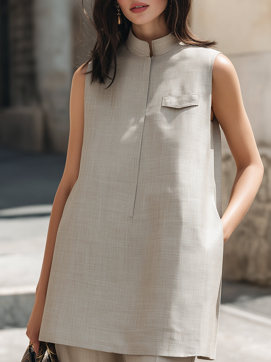 Léon Varel Sleeveless Minimalist Mandarin Collar Tunic Top