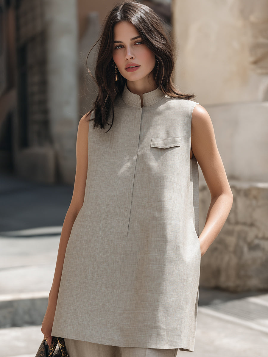 Léon Varel Sleeveless Minimalist Mandarin Collar Tunic Top