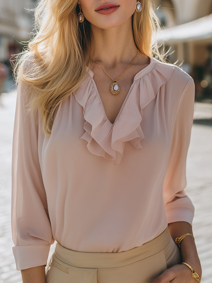 Léon Varel Elegant Ruffle Trim Chiffon Blouse