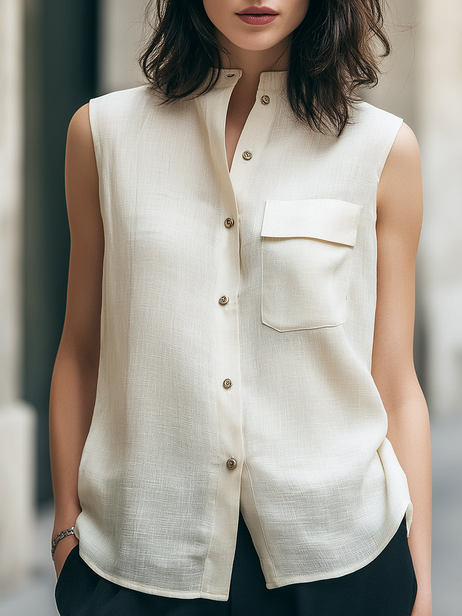 Léon Varel Sleeveless Stand Collar Utility Blouse