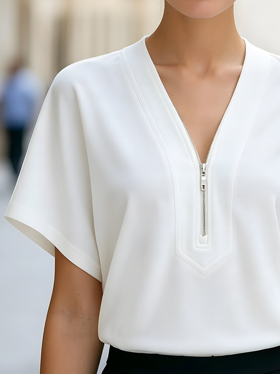 Léon Varel Minimalist V-Neck Zip-Front Short Sleeve Blouse