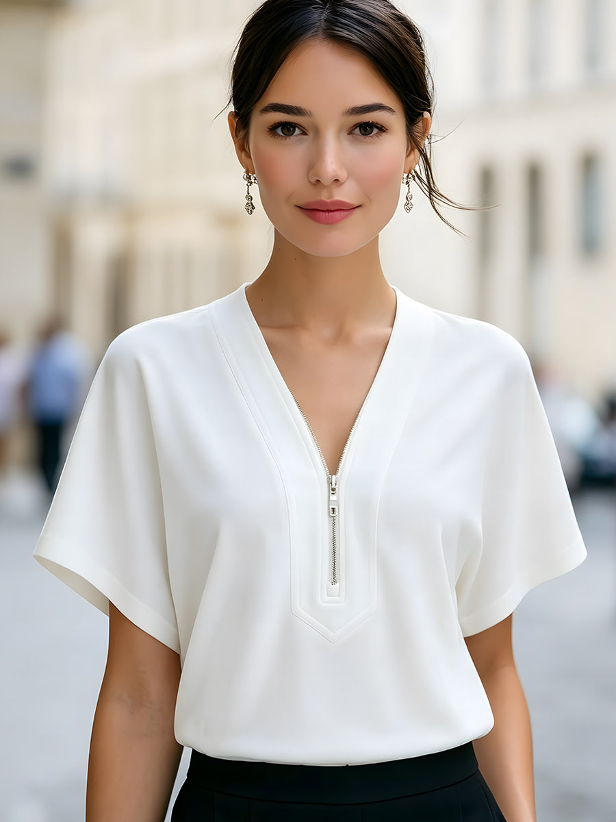 Léon Varel Minimalist V-Neck Zip-Front Short Sleeve Blouse