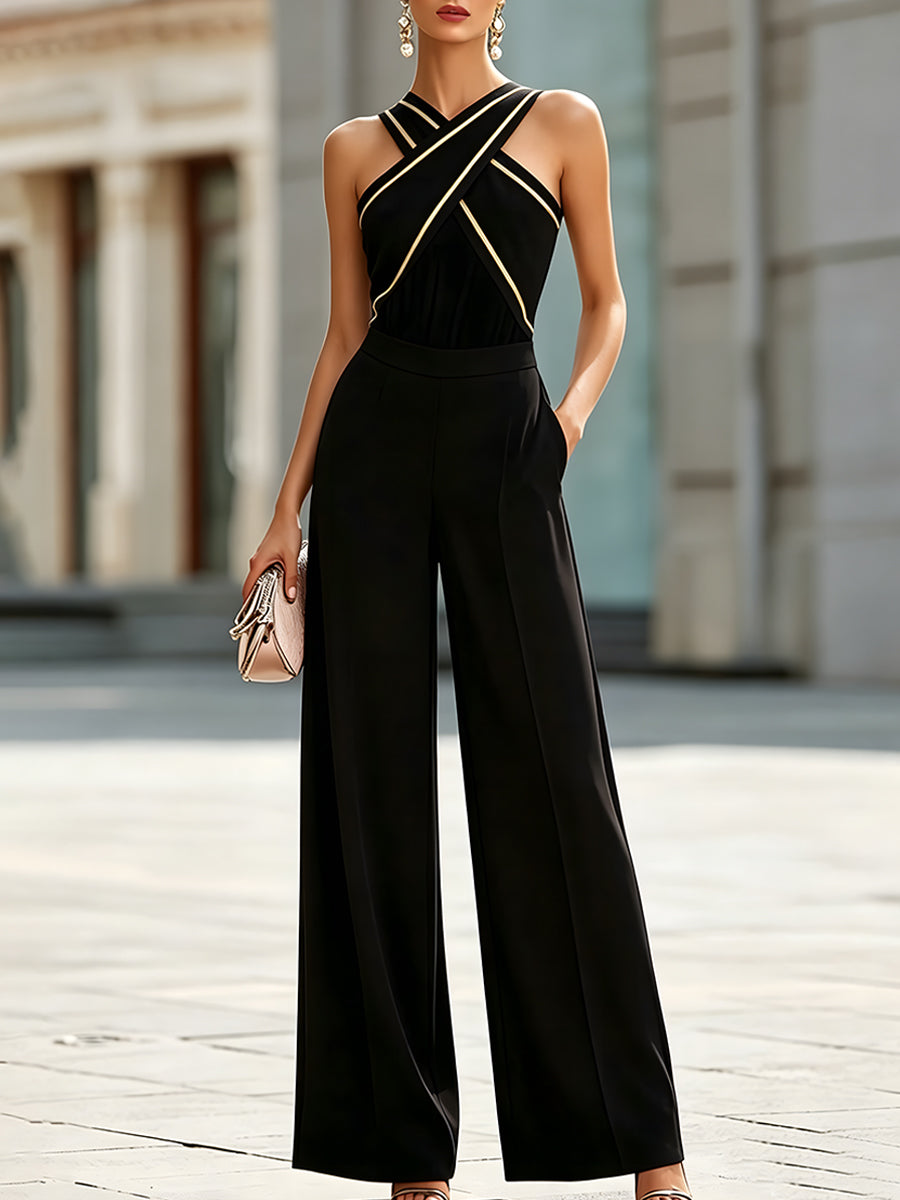 Léon Varel Cross-Strap Contrast Trim Halter Wide-Leg Jumpsuit