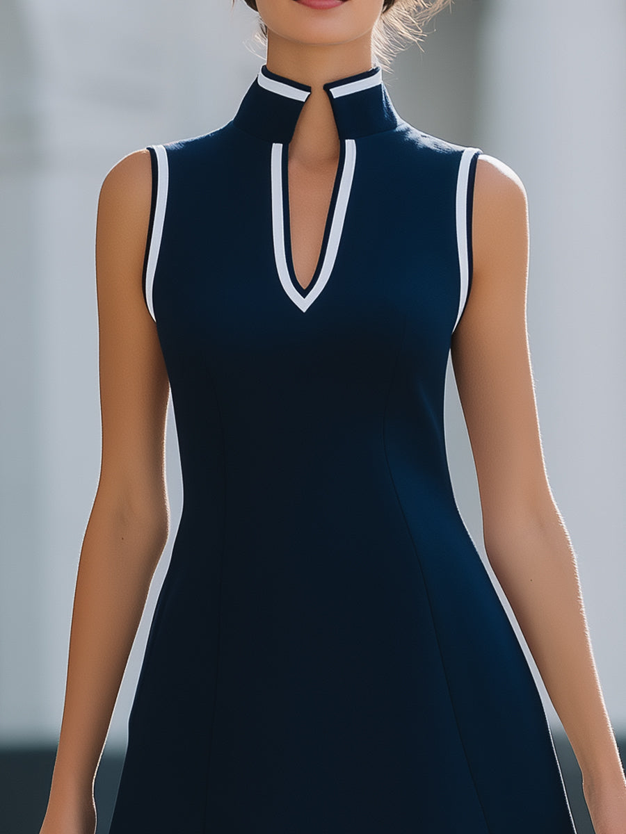 Léon Varel Mandarin-Collar White-Trim Sleeveless A-Line Mini Dress