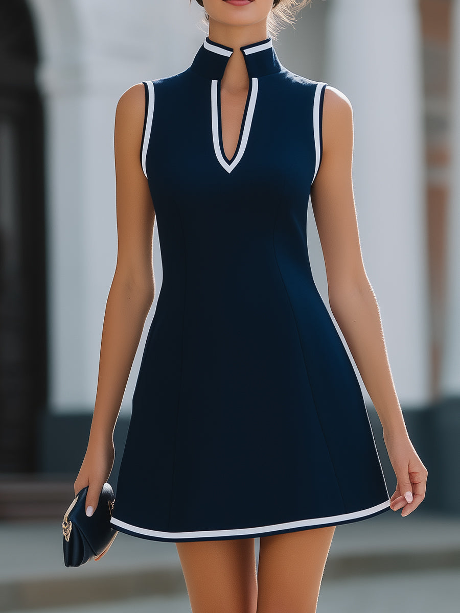 Léon Varel Mandarin-Collar White-Trim Sleeveless A-Line Mini Dress