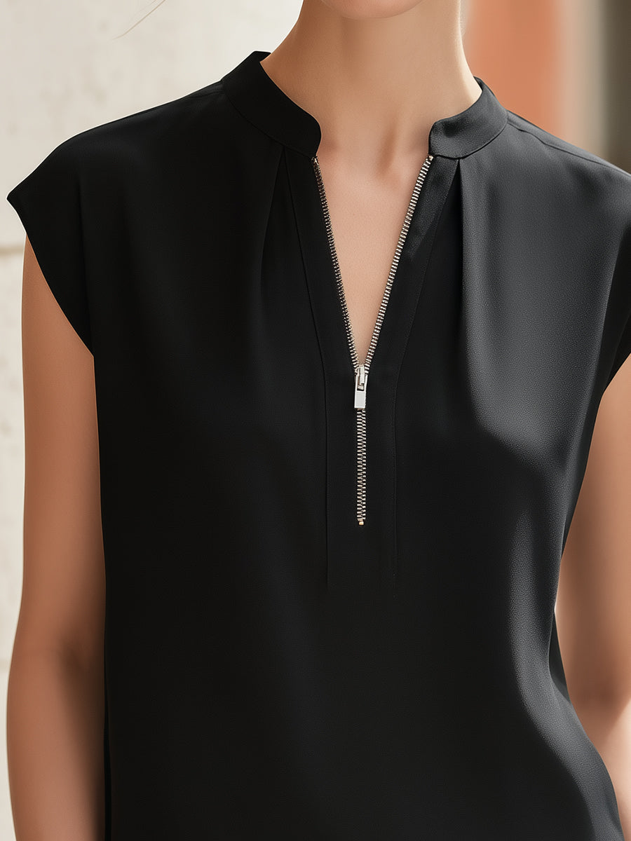 Léon Varel Minimalist Zip-Front Cap Sleeve Blouse
