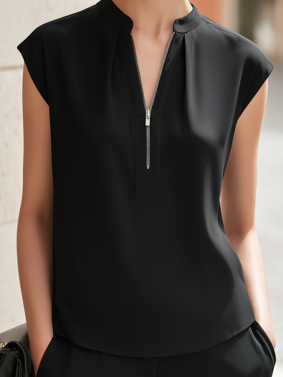 Léon Varel Minimalist Zip-Front Cap Sleeve Blouse