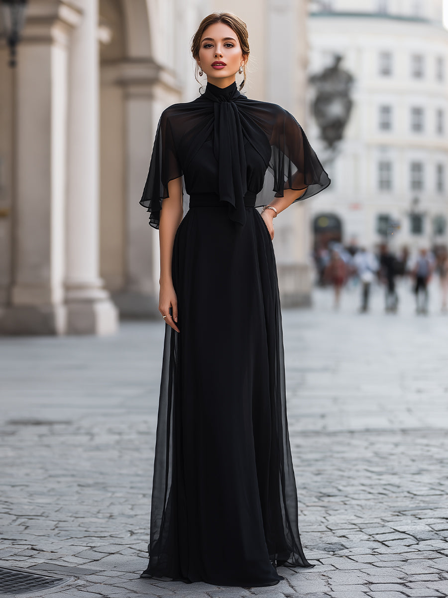 Léon Varel Sheer Tie-Neck Maxi Dress With Flutter Sleeves And Layered Skirt
