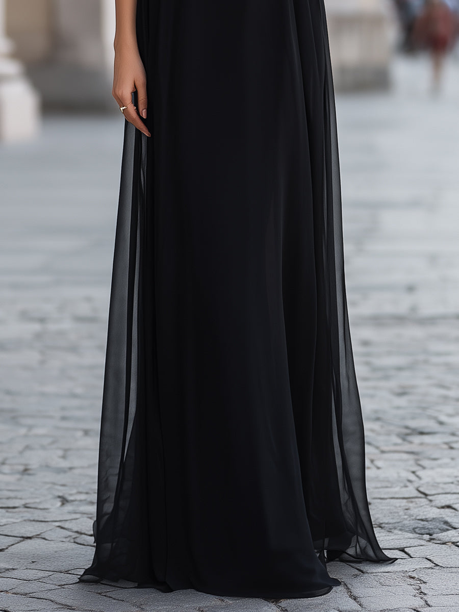 Léon Varel Sheer Tie-Neck Maxi Dress With Flutter Sleeves And Layered Skirt