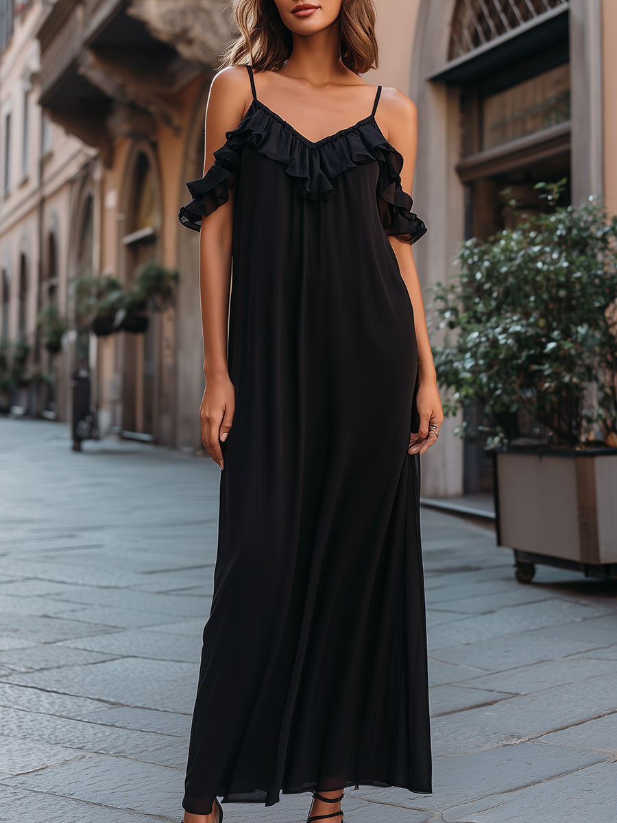 Léon Varel Ruffle Trim Spaghetti Strap Maxi Dress With Cold-Shoulder Detail