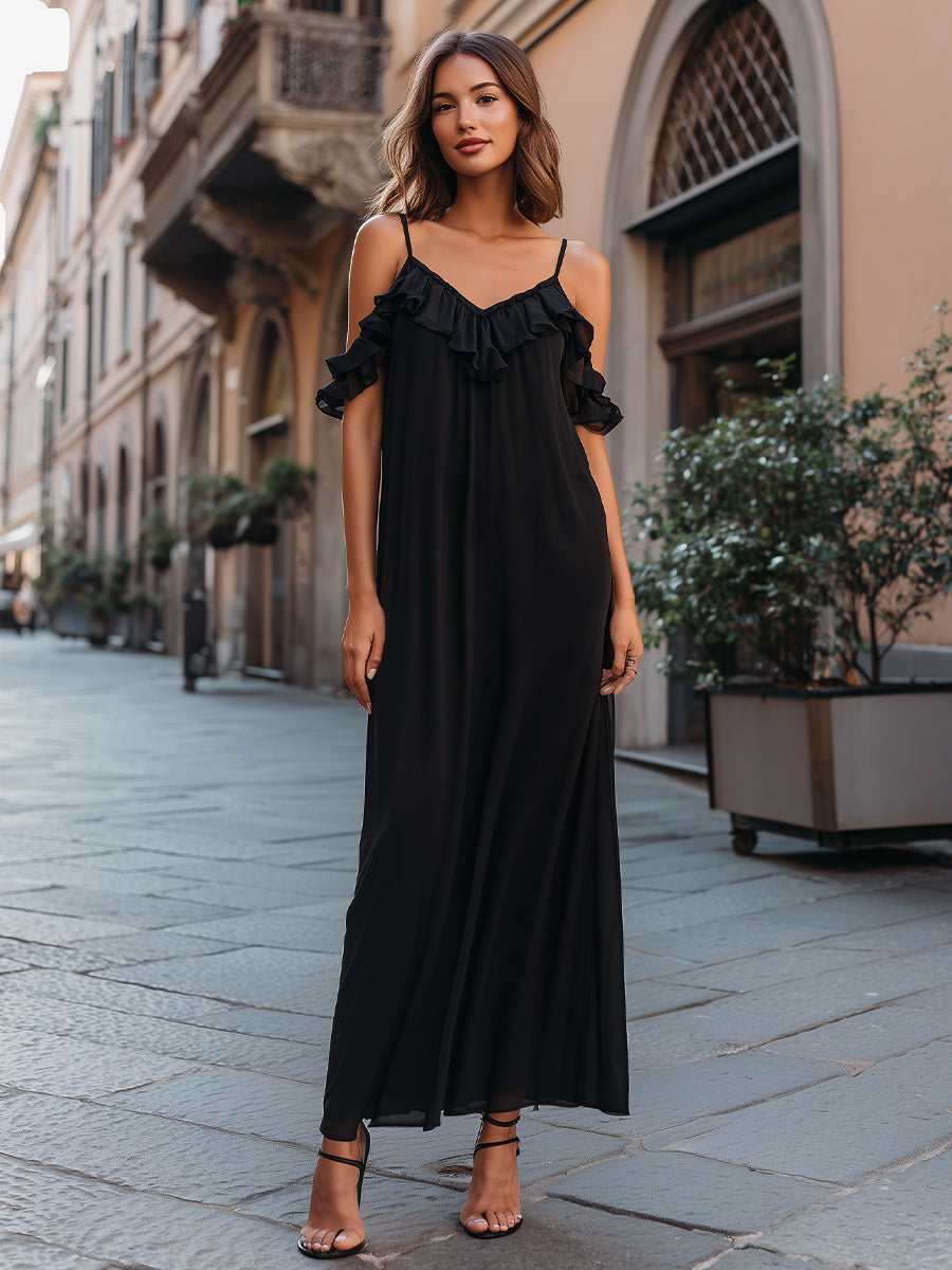Léon Varel Ruffle Trim Spaghetti Strap Maxi Dress With Cold-Shoulder Detail