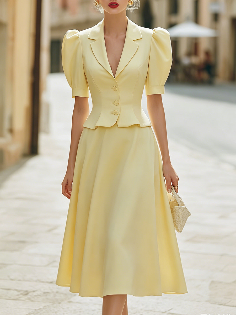 Léon Varel Tailored Puff Sleeve Peplum Jacket And Flared Midi Skirt Set