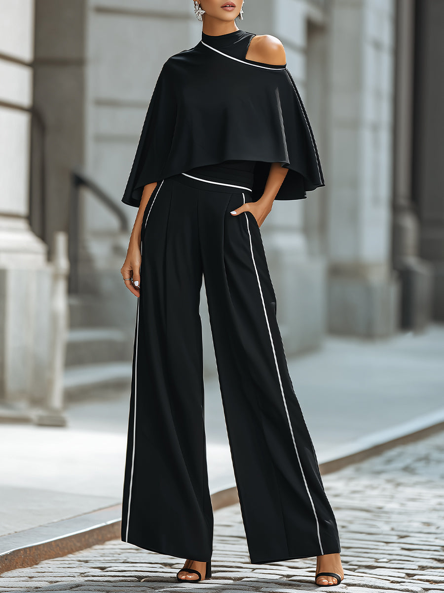 Léon Varel Asymmetric Cut-Out Cape Top With Wide-Leg Tailored Pants Set