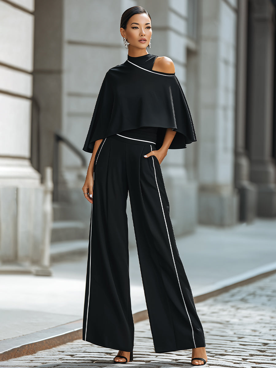 Léon Varel Asymmetric Cut-Out Cape Top With Wide-Leg Tailored Pants Set