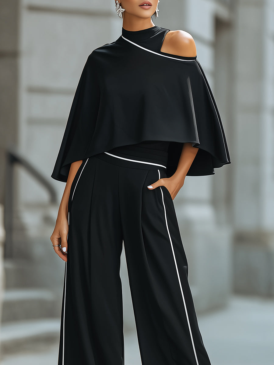 Léon Varel Asymmetric Cut-Out Cape Top With Wide-Leg Tailored Pants Set