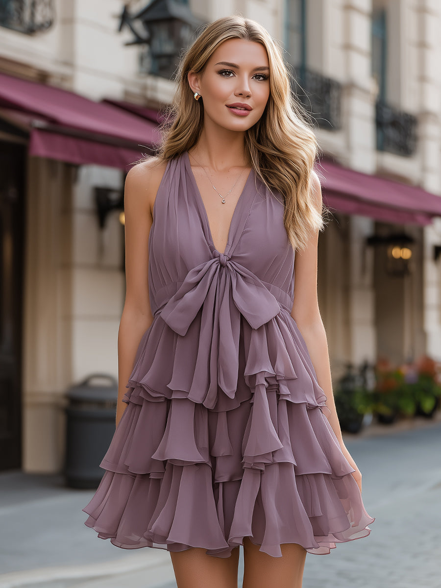 Léon Varel Tiered Ruffle Halter Mini Dress With Front Bow Detail
