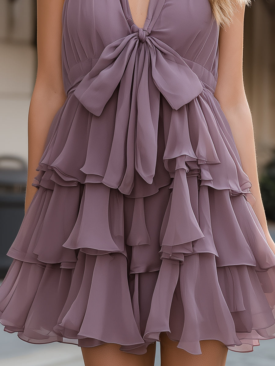 Léon Varel Tiered Ruffle Halter Mini Dress With Front Bow Detail