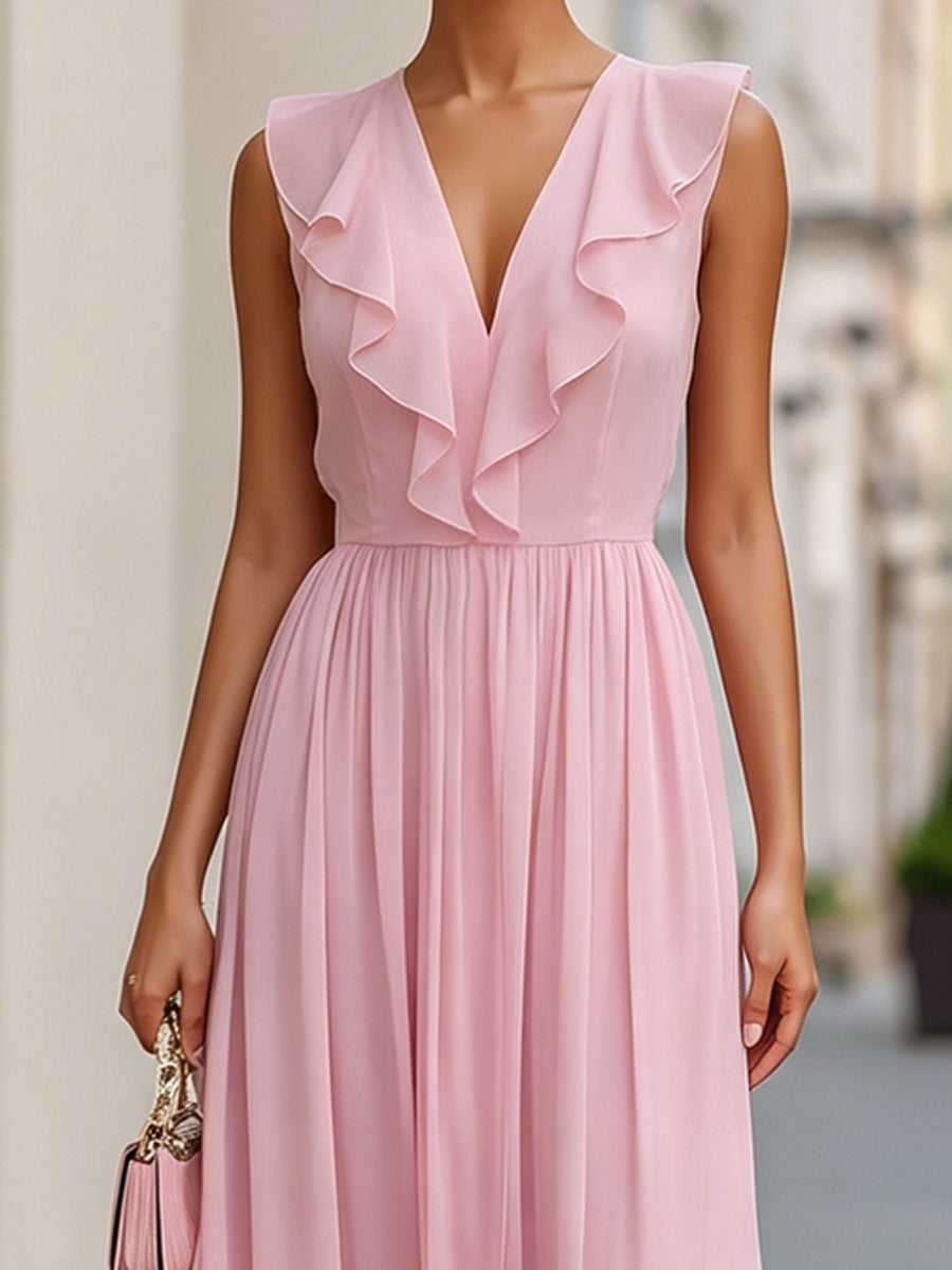 Léon Varel Romantic Ruffle V-Neck Flowing Chiffon Maxi Dress