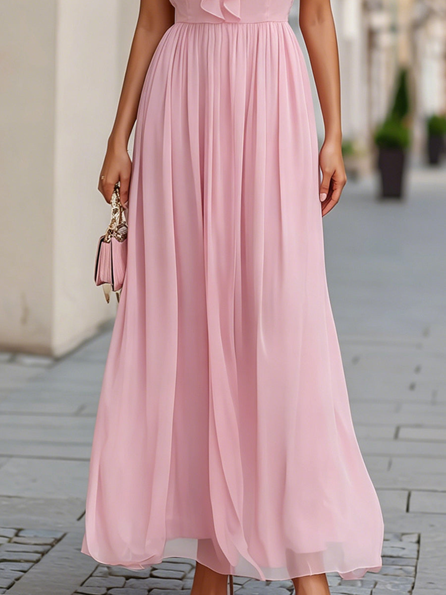 Léon Varel Romantic Ruffle V-Neck Flowing Chiffon Maxi Dress