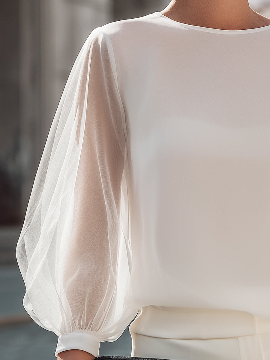 Léon Varel Sheer Sleeve Round Neck Blouse With Soft Volume