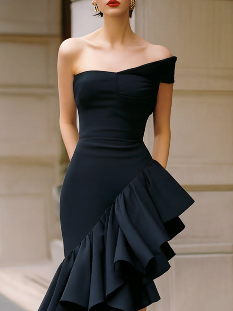 Léon Varel Asymmetric One-Shoulder Ruffle Hem Evening Gown