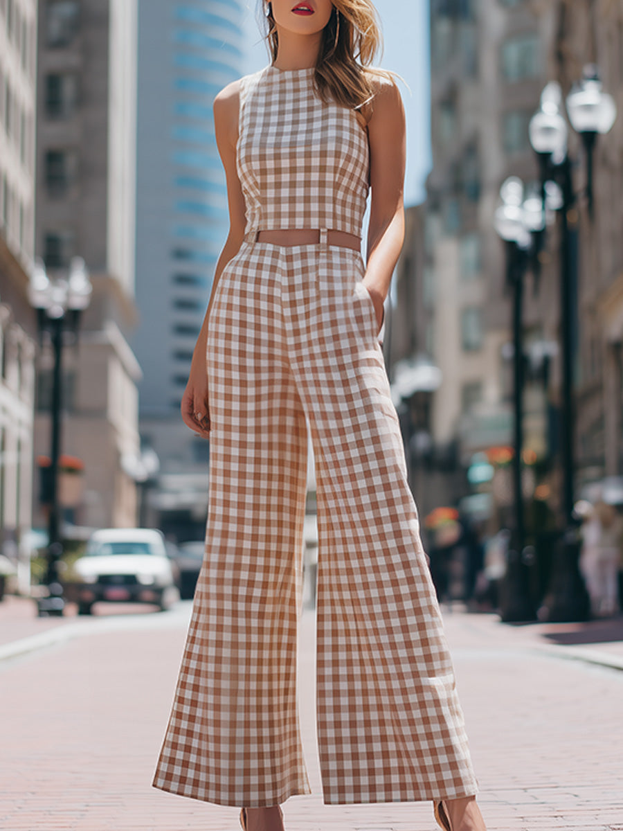 Léon Varel Beige Gingham Sleeveless Wide-Leg Jumpsuit